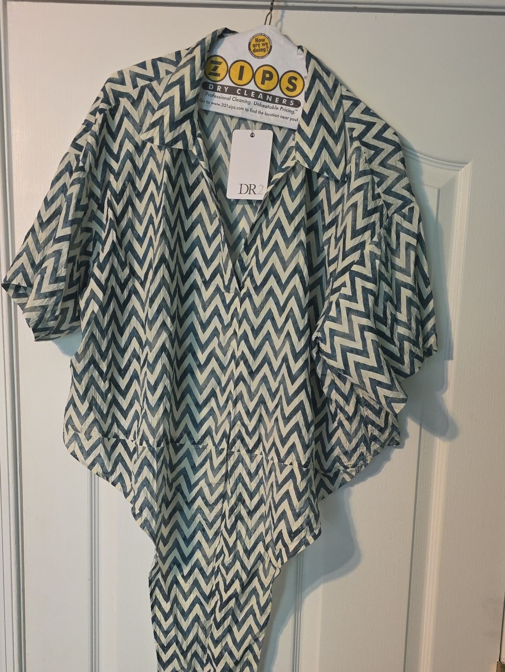 DR2 Chevron Open-Front Short Sleeve Cardigan - Teal & White